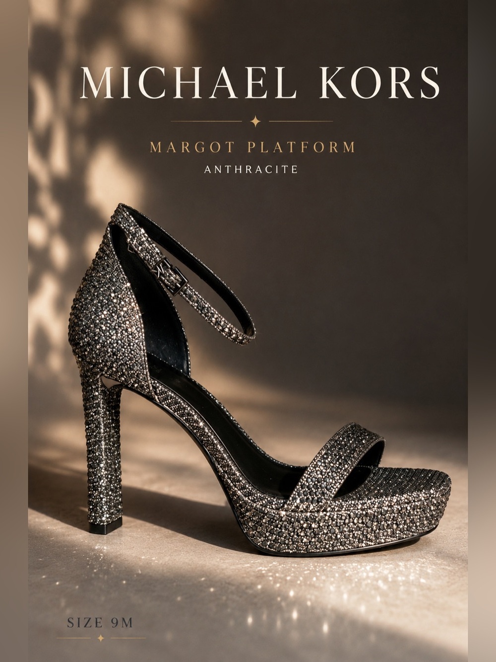 Michael Kors Margot Anthracite Crystal Glitter Platform Heels Size 9